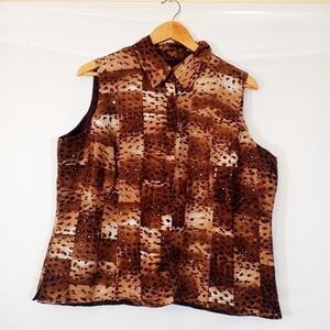 ICE women's brown & beige animal print sleeveless collar 100% silk blouse